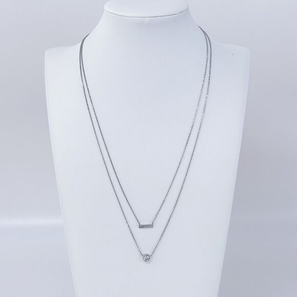 Vintage Sterling Silver 925 Layered Bar Cubic Zirconia Pendant Necklace 16”-18” - Picture 1 of 4